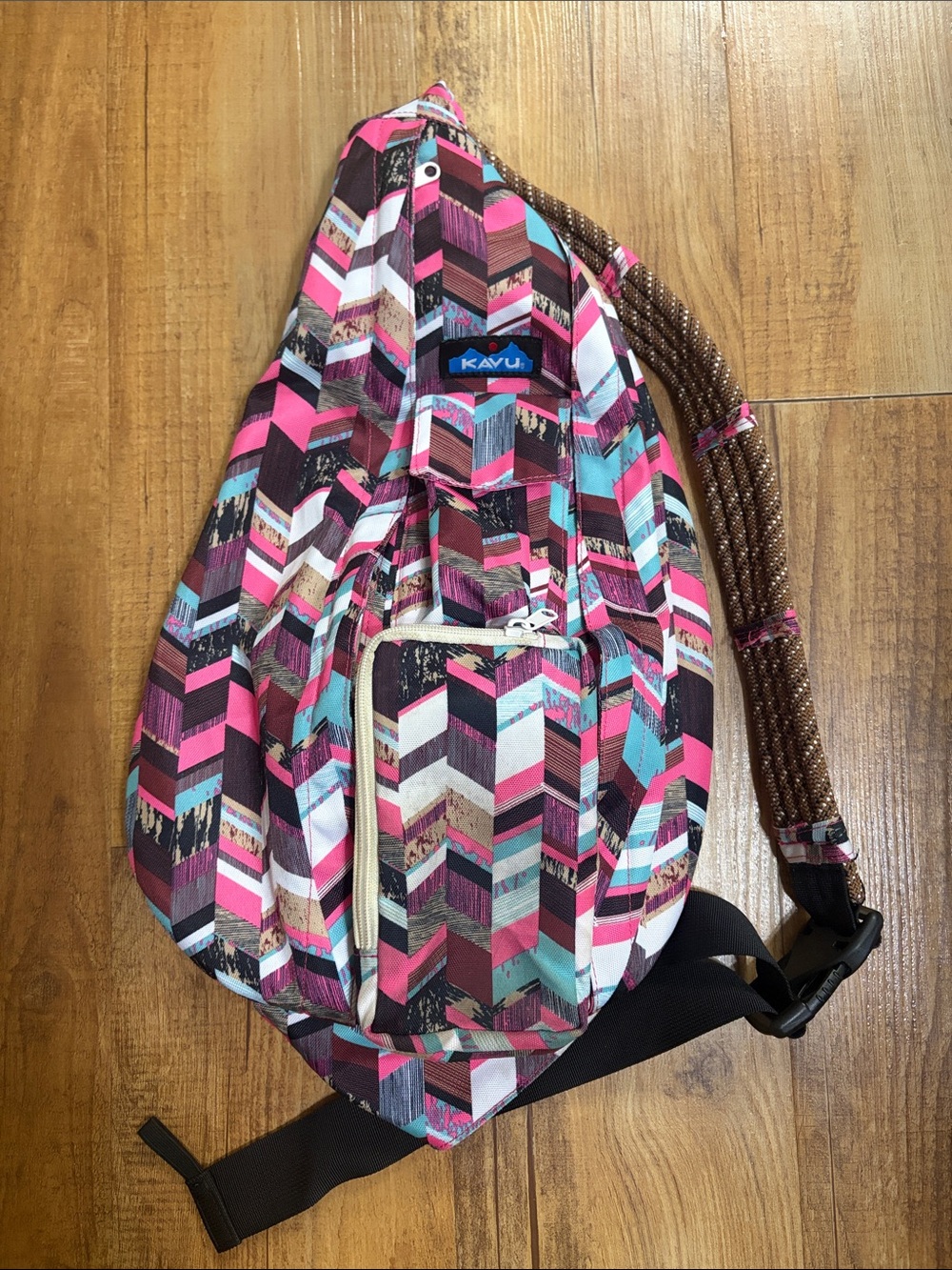 Kavu sunset blocks rope Sling crossbody bag in Pink, Teal & Black